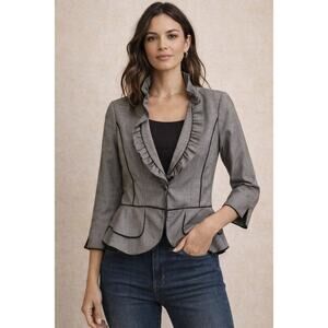 White House Black Market Tailored Peplum Ruffle Black Grey Houndstooth Blazer 8